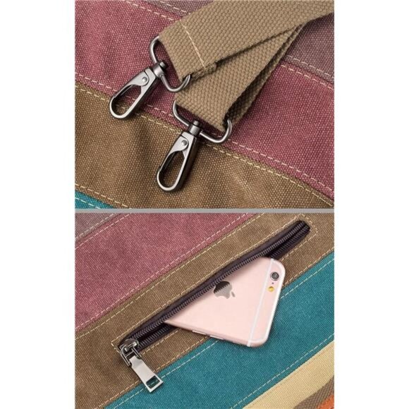 Canvas Handbag Multi-Color Striped Lattice Cross Body Shoulder Purse Bag - Picture 6 of 8